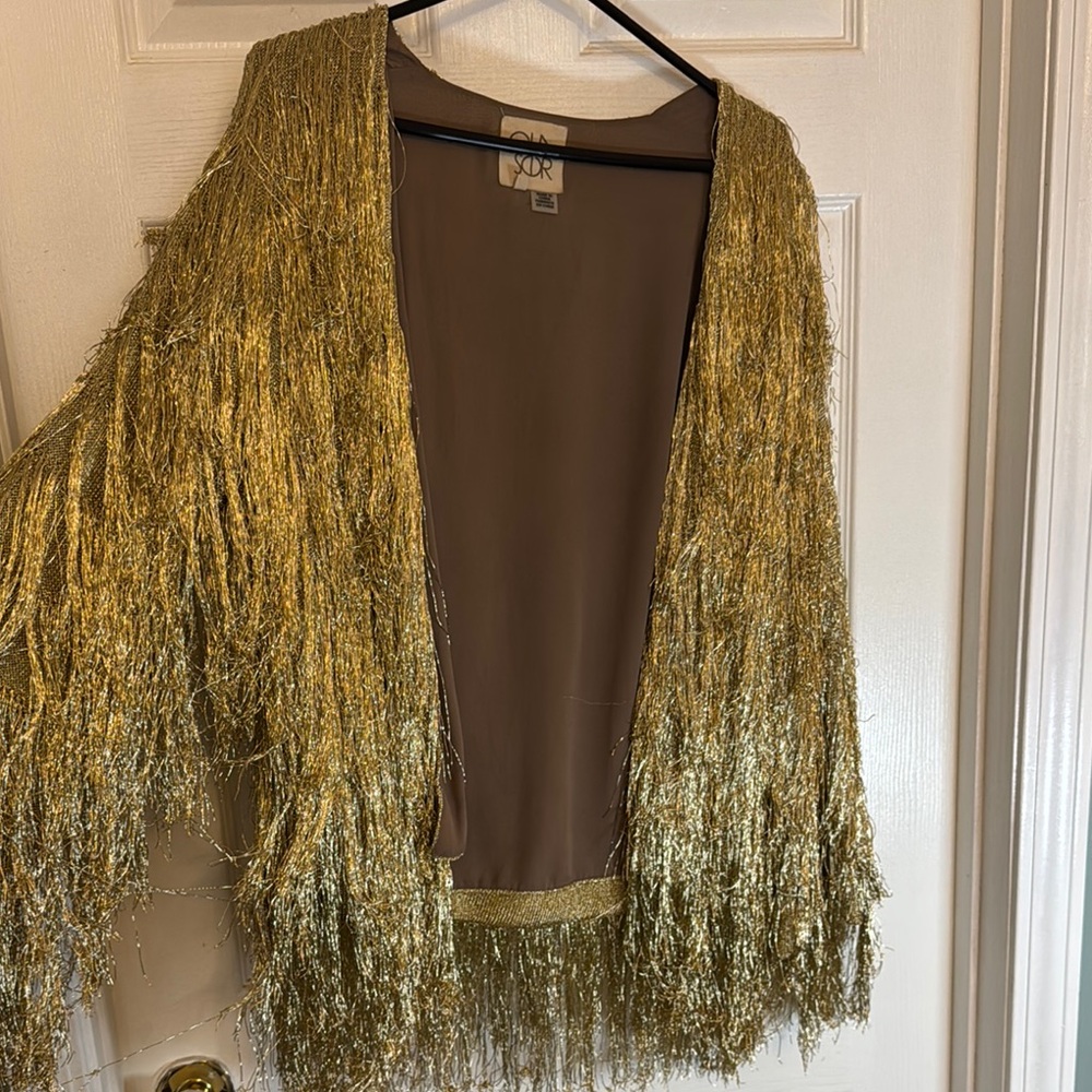 Gold Shaggy Fringe Open Front Jacket